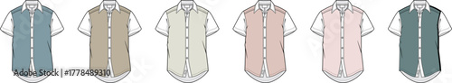 A collection of women's sleeveless button-down collar shirts in a muted color palette. Vector fashion design technical flat for apparel