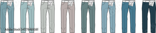 Collection of Men's Jeans in Various Shades of Blue, Teal, and Gray, Presented on a White Background
