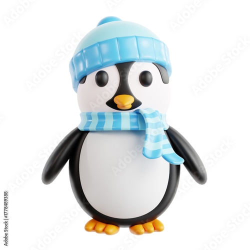 Charming 3D illustration of an adorable baby penguin dressed for cold weather in a cozy blue beanie and a striped scarf, isolated on a white background
