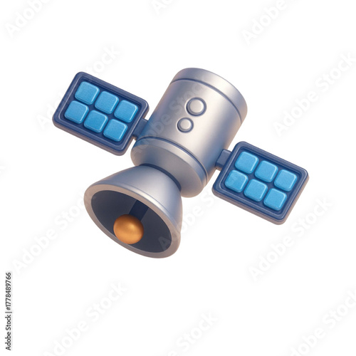 A 3D rendered space satellite icon with solar panels, representing global communication, technology, and orbital exploration. Isolated on a white background