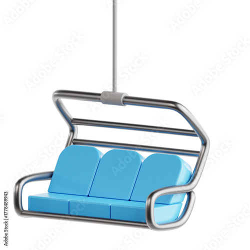 Modern ski lift chair with three blue seats suspended by a metal frame against a white background, symbolizing winter sports and transportation