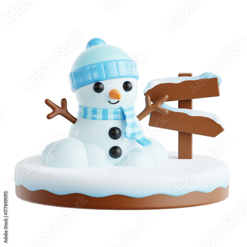 Delightful 3D snowman in blue hat and scarf, standing on a snowy base next to a rustic signpost, embodying the cheerful spirit of winter and holiday joy