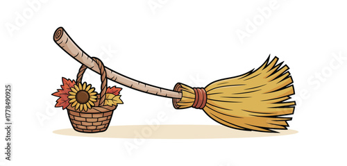 Whimsical witchs broomstick with autumn flower basket