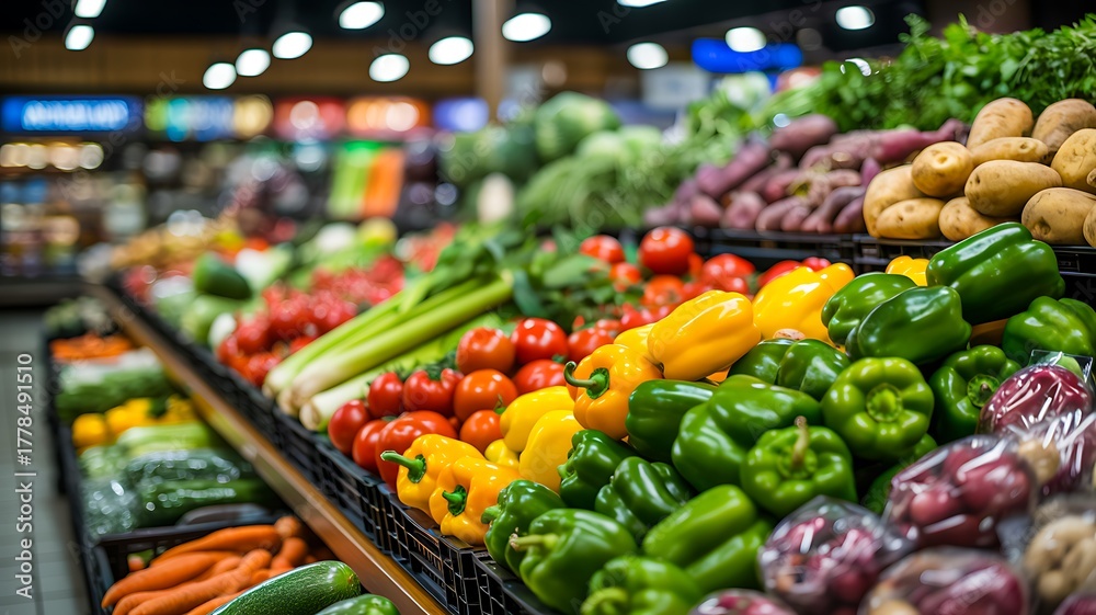 Fototapeta premium Fresh colorful vegetables arranged in supermarket produce section for healthy food and nutrition concept 