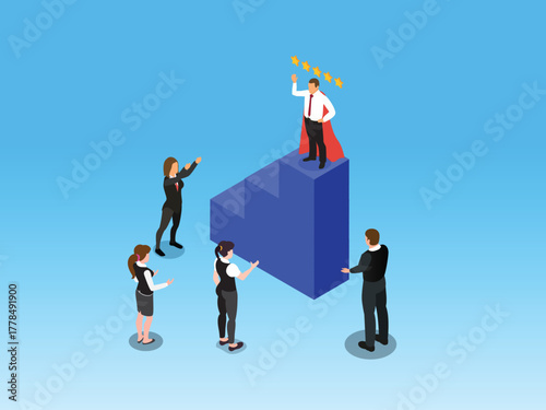 Superhero Business Leader Achieving Top Rating Success and Motivating Team on Podium 3d vector illustration