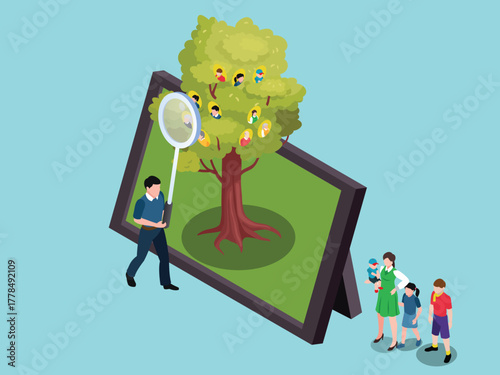 Isometric Man Researching Family Tree with Magnifying Glass and Relatives 3d vector illustration