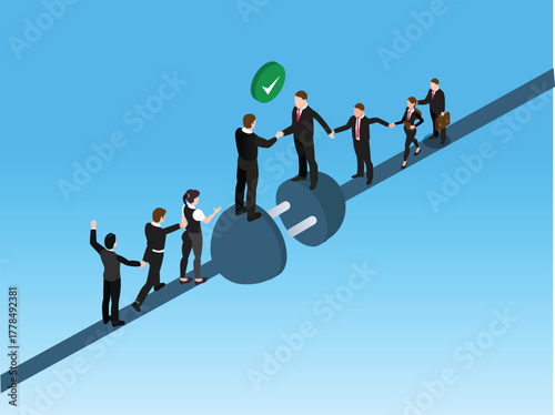 Isometric Business People Connecting and Shaking Hands Over an Electrical Plug 3d vector illustration