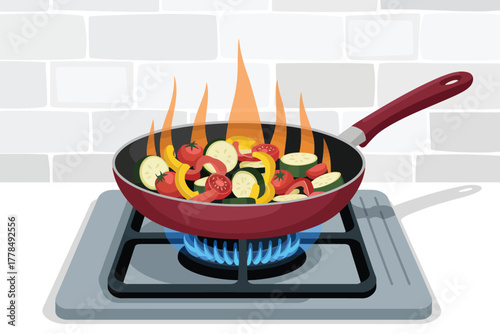 Vegetables cooking in a frying pan on a gas stove with flames