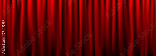 Red velvet curtain background. Closed curtains wallpaper for theater stage or cinema, circus. Crimson fabric drapery backdrop for award, show, performance. Vector textile room scene banner concept