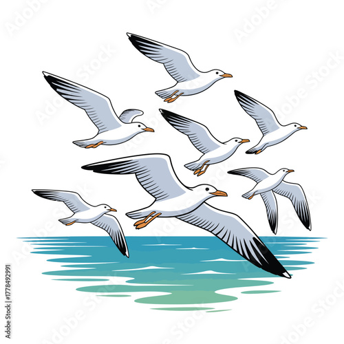 Flock of seagulls flying over the ocean water
