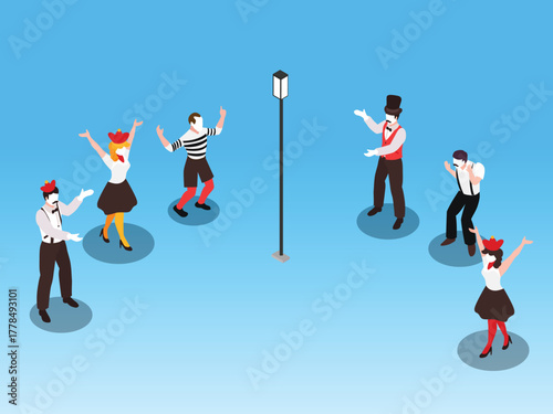 Isometric Group of Mime and Vaudeville Performers on Stage with a Street Lamp 3d vector illustration