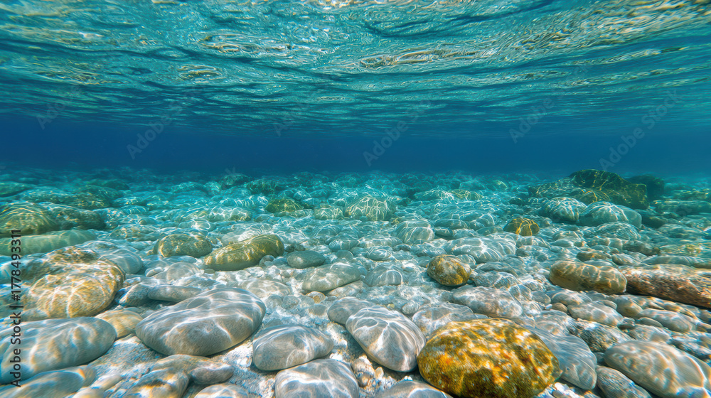 Fototapeta premium Clear water reveals smooth stones and coral formations beneath surface, creating serene
