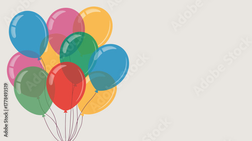 A cluster of colorful translucent balloons floats against a light background party
