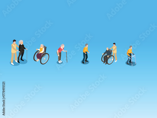Isometric Elderly People with Caregivers and Mobility Aids for Assisted Living 3d vector illustration
