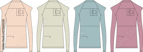 Four identical tops in different colors light pink, beige, light blue, and lilac