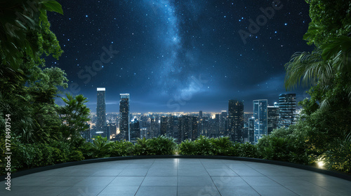 Fototapeta Naklejka Na Ścianę i Meble -  Serene rooftop garden offers stunning view of starry city sky, showcasing vibrant urban skyline