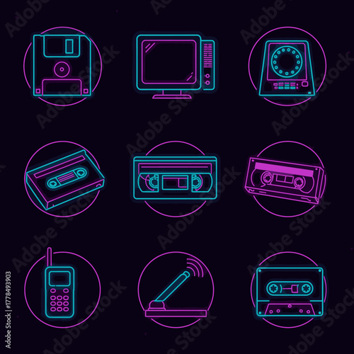 A vibrant grid of neon-outlined retro technology icons, featuring classic devices like floppy disks, cassette tapes, and vintage monitors, evoking a nostalgic digital aesthetic.