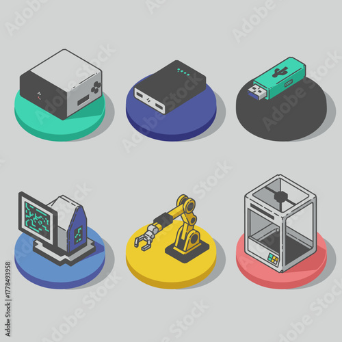 A collection of modern isometric illustrations depicting various technological devices like gaming consoles, robotic arms, and 3D printers, perfect for digital design projects.