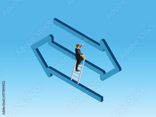 Isometric Businessman on Ladder Bridging the Gap in a Reciprocal Exchange Arrow 3d vector illustration