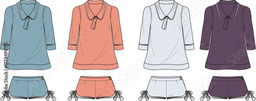 A collection of women's sleepwear fashion flat sketches, featuring a pajama set with a Peter Pan collar top and drawstring shorts in multiple colorways
