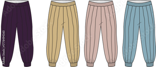 Fashionable elastic waist pants in four vibrant colors for children's apparel design