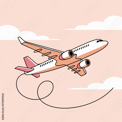 White and pink airplane flying through soft clouds aircraft travel