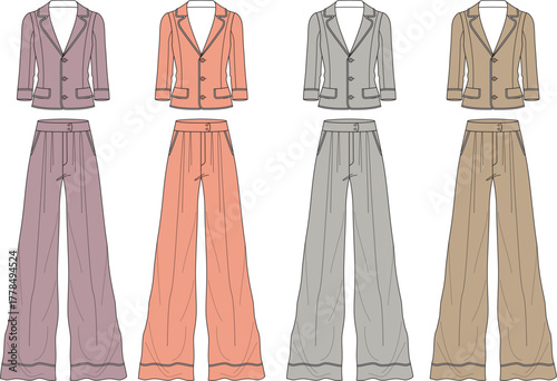 Fashionable pajama set including a matching jacket and pants in four different color options, ideal for sleepwear or loungewear