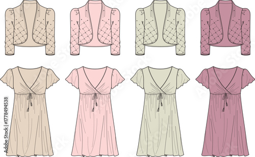 Collection of stylish women's fashion design illustrations featuring elegant short-sleeved dresses and chic quilted cardigans, showcasing modern apparel concepts for a versatile wardrobe