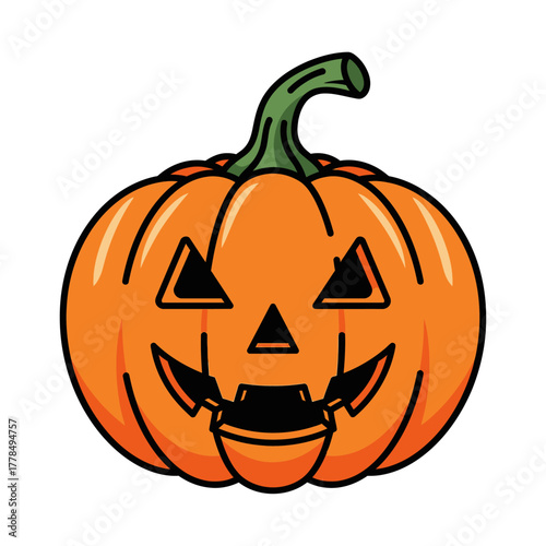 A vibrant, cartoon-style illustration showcases a smiling jack-o'-lantern with its classic triangular eyes and toothy grin, perfect for Halloween designs.