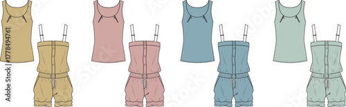 Collection of four women's fashion outfits, including two jumpsuits and two tank tops, in various pastel colors