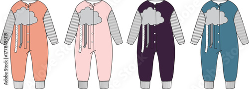A set of baby and infant sleepsuit technical flat sketches with a cute cloud and colorful rain design, showcased in multiple colorways for apparel