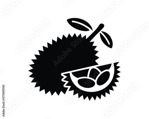 Black silhouette of a durian fruit with a slice showing its segments