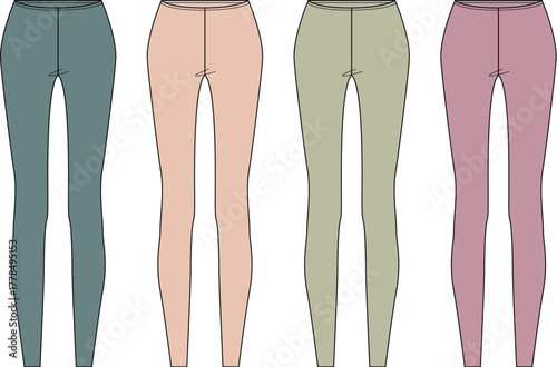 Collection of four pairs of women's leggings in different solid colors, displayed side-by-side on a plain white background