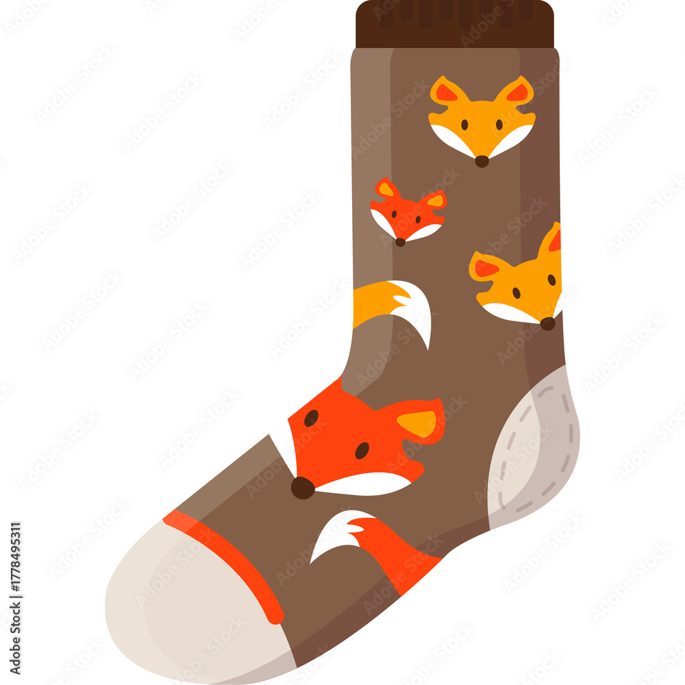 Naklejka premium Brown Sock With Orange Fox Faces And White Accents Cozy Footwear For Autumn Winter Season