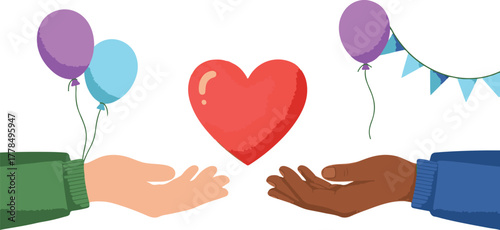 Hands exchanging a red heart with balloons and bunting