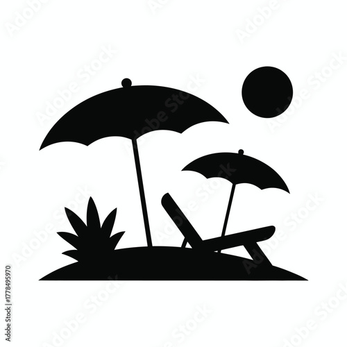 Silhouette of beach chairs and umbrellas under the sun