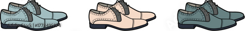 Stylish vector illustration presenting three pairs of classic men's dress shoes, each in a unique and elegant color, embodying formal fashion and sophisticated footwear for various occasions