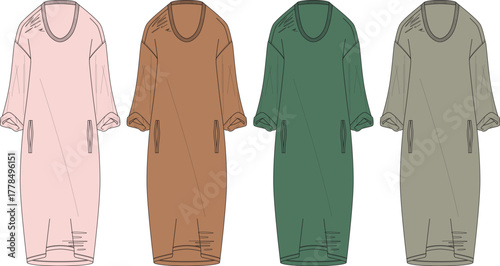 Vector fashion flat sketch of a women's oversized t-shirt dress with pockets in multiple color options. Technical drawing for apparel design and production