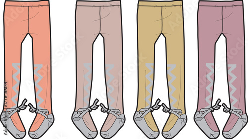 Vector illustration set of girls' fashion leggings in various colors, featuring ballet-style ankle ties and a graphic lightning bolt pattern