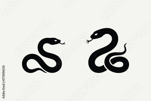 Two stylized black snakes silhouette on a light background