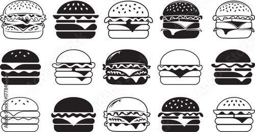 Burger Vector Illustration Set. Fast Food Silhouette Collection.