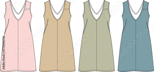 Four women's sleeveless v-neck shift dresses in different colors pink, tan, olive green, and dusty blue