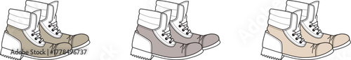 An illustrated set of fashionable lace-up ankle boots in three different muted color variations, representing style choice and seasonal footwear concepts