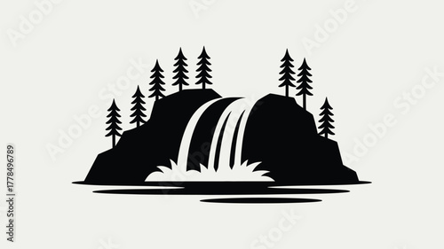 Silhouette of a waterfall cascading down rocks with pine trees