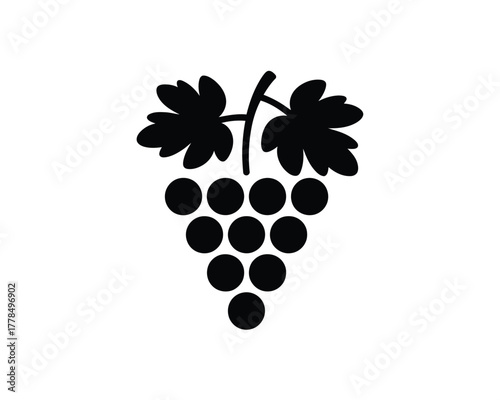 Simple black silhouette of a bunch of grapes with leaves