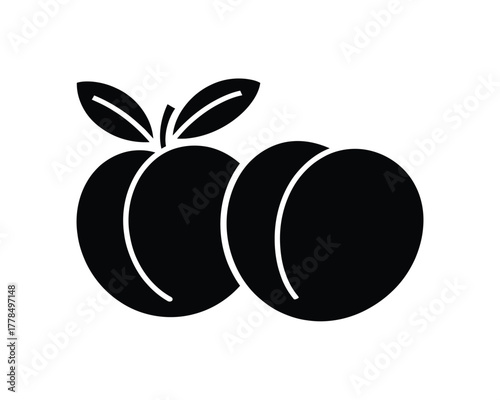 Two ripe plums with leaves in a simple black silhouette