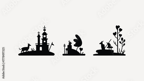 Whimsical silhouettes of fantasy scenes with animals and magical elements