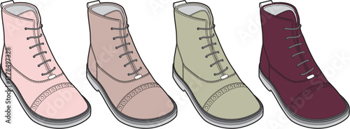 An illustrative display of four comfortable lace-up ankle boots, showcasing a diverse palette of contemporary colors, ideal for casual fashion and practical everyday wear