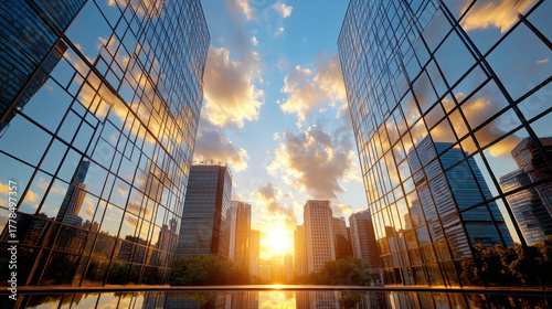 Golden sunset illuminates skyscrapers reflecting glass buildings, creating cinematic atmosphere