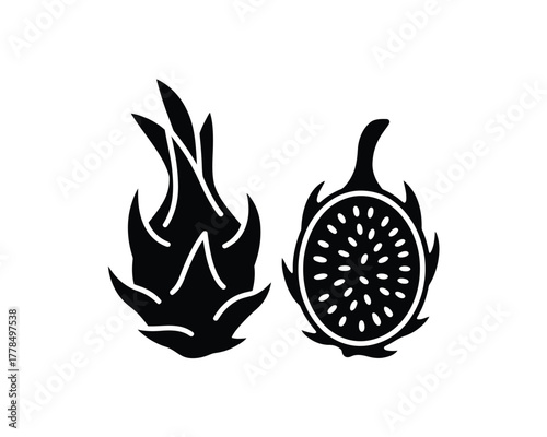 Black and white illustration of a whole dragon fruit and a sliced dragon fruit